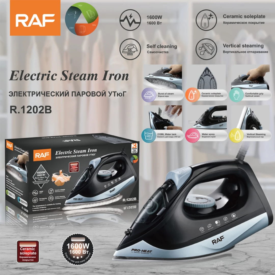 Industrial Commercial Steam Iron RAF R.1202 – 1600W High-Pressure Dry Steam with Scratch-Resistant Ceramic Soleplate