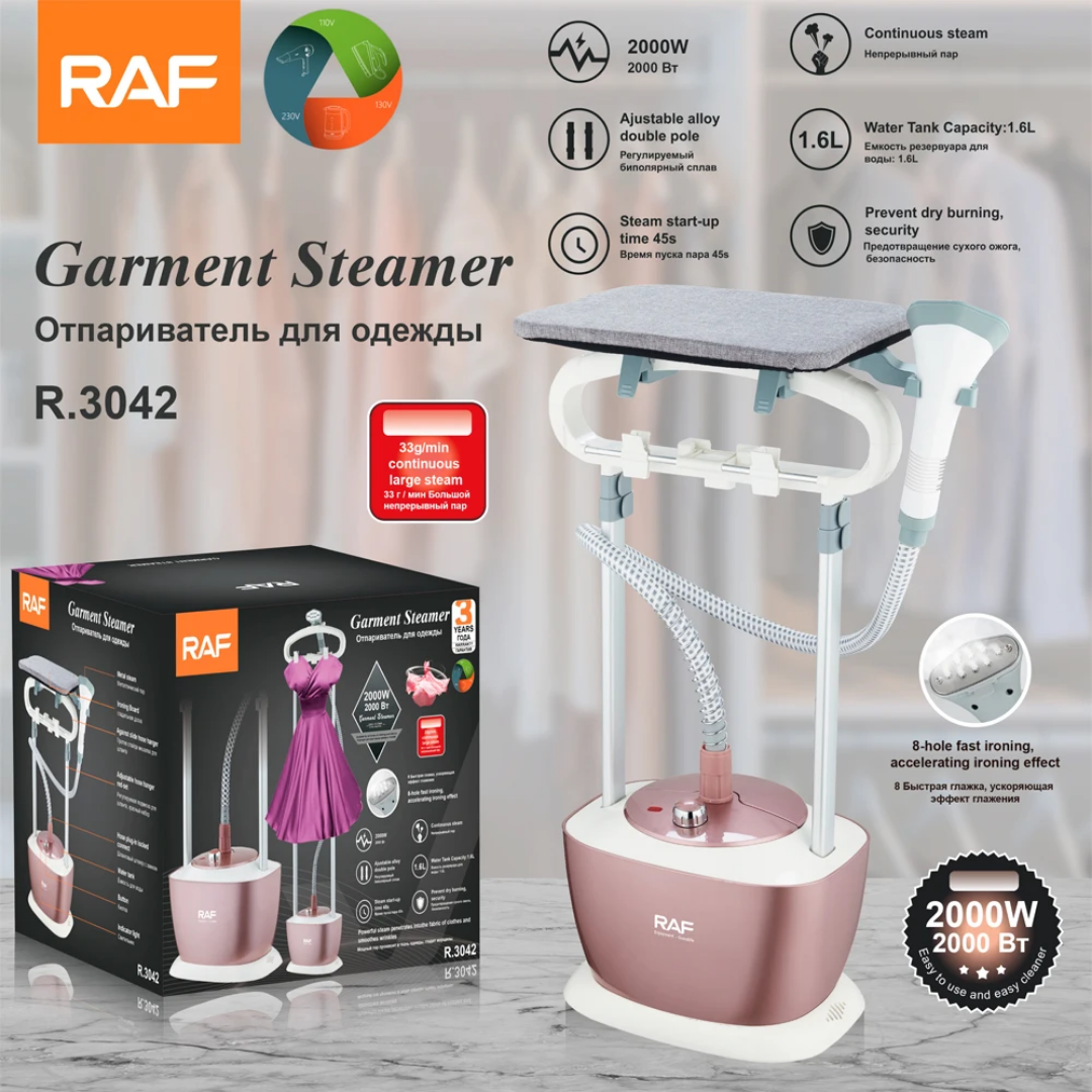Vertical Garment Steamer 2000W RAF R.3042 – Steam Iron Station with Ironing Board, Fast Heat-Up & Continuous Steam