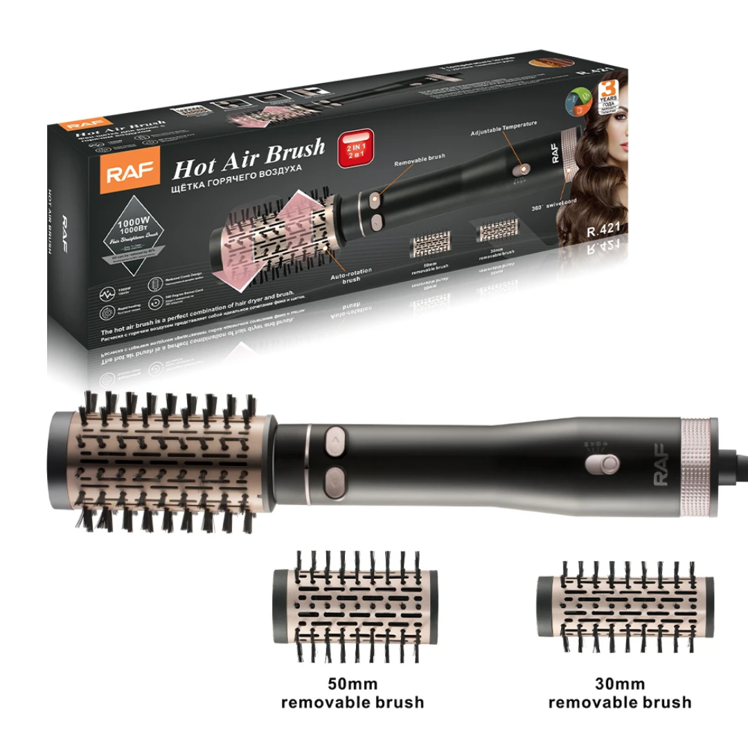 Rotating Hot Air Brush 1000W RAF R.421 – Ionic Hair Dryer Brush with Ceramic Keratin Coating, Auto Rotating Curling & Volumizing Styler