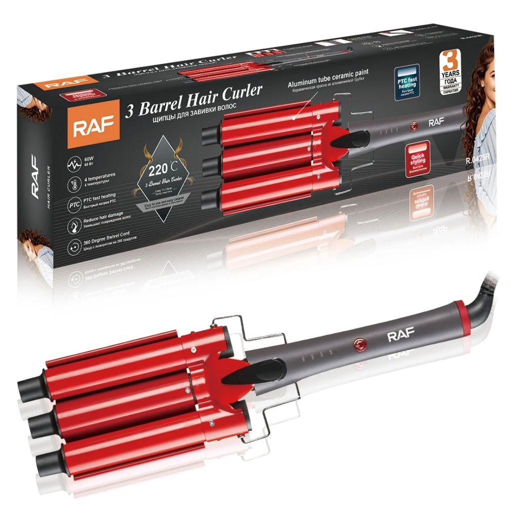 3 Barrel Hair Waver with LCD Temperature Display RAF R.0425 – Professional Ceramic Deep Wave Hair Curler for Beach Waves & Volume Styling