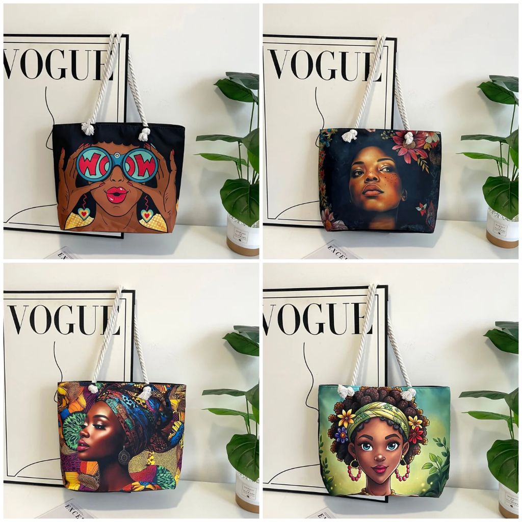 African Print Tote Bag ATB.019 – Large Capacity Ankara Shopping Bag with Zip Closure and Rope Handles