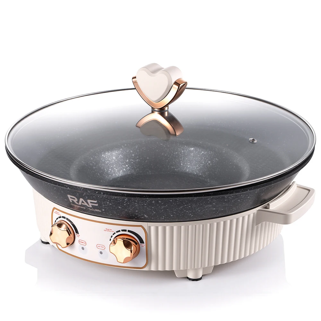 2-in-1 Electric Hot Pot & BBQ Grill Pan RAF R.5416  – 1600W Multifunction Non-Stick Cooker | Fast Heating Indoor Grill