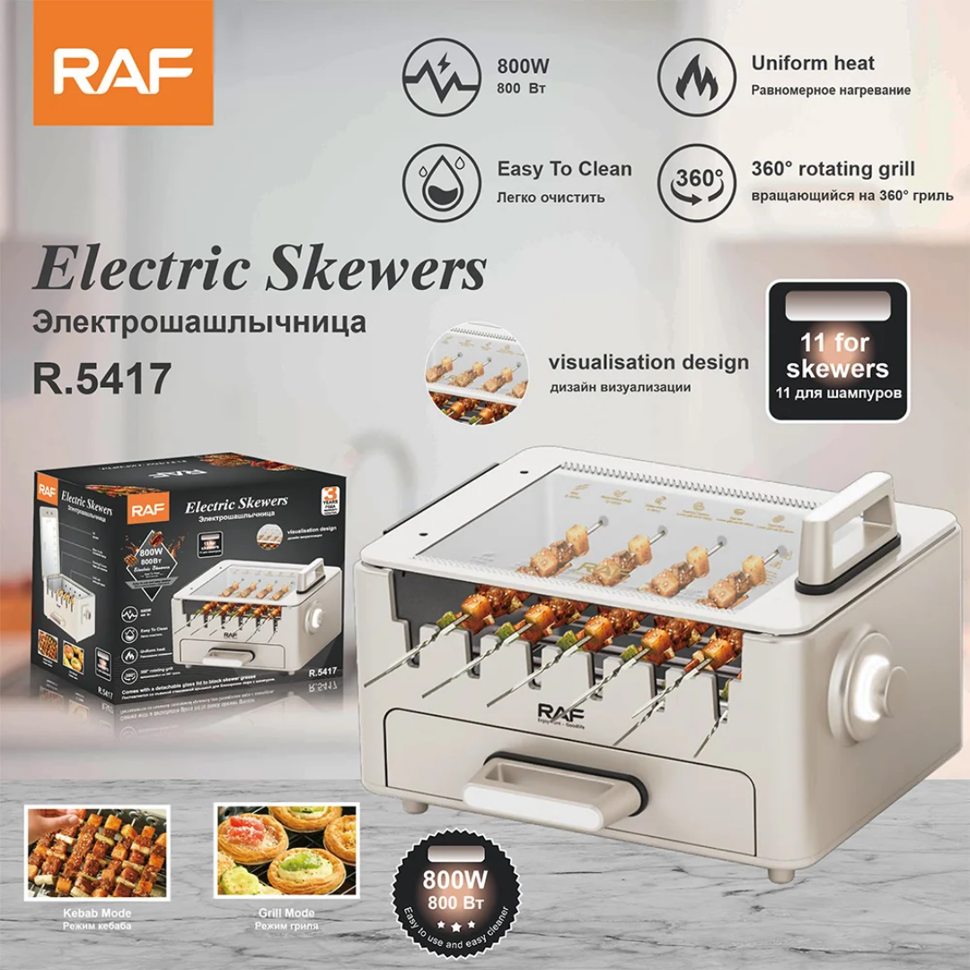 2-in-1 Smokeless Electric BBQ Grill & Skewer Machine RAF R.5423 – 800W Non-Stick Grill Pan with Kebab Skewers | Indoor Electric BBQ