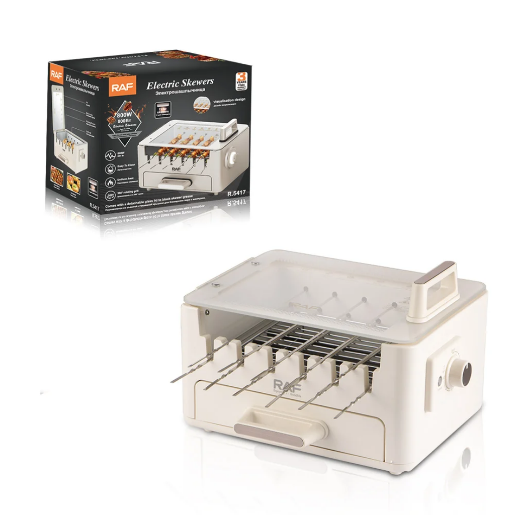 2-in-1 Smokeless Electric BBQ Grill & Skewer Machine RAF R.5423 – 800W Non-Stick Grill Pan with Kebab Skewers | Indoor Electric BBQ