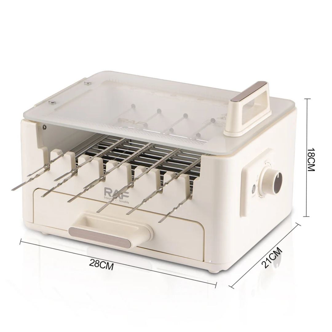 2-in-1 Smokeless Electric BBQ Grill & Skewer Machine RAF R.5423 – 800W Non-Stick Grill Pan with Kebab Skewers | Indoor Electric BBQ