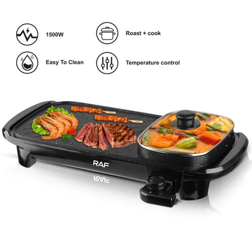 1350W Non-Stick Electric Grill Pan RAF R.5303  – 1.5L BBQ & Hot Pot with Tempered Glass Lid | Indoor Kitchen Gadget