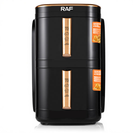 RAF 12L Dual Drawer Smart Air Fryer with Visible Windows (R.5396) – 2400W Stainless Steel Square Edition