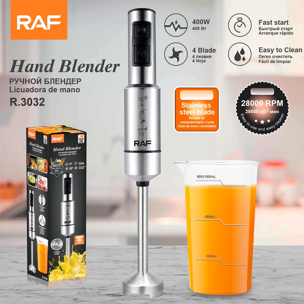 Handheld Electric Stick Blender RAF R.3032  – 400W High-Efficiency Immersion Mixer, 28000 RPM Ultra-Fast Rotation, 4-Blade Stainless Steel System with Durable Metal Blend Head