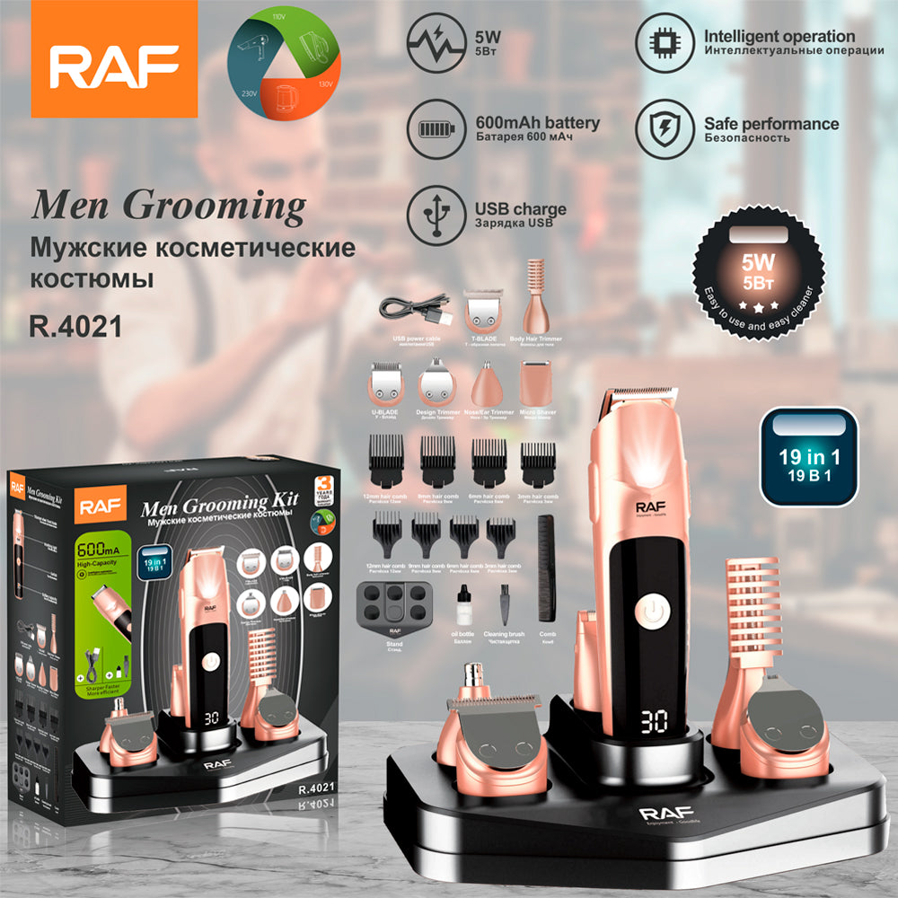 19-in-1 Professional USB Rechargeable Hair & Grooming Trimmer Set  RAF R.4021 – Multi-Attachment Clipper for Hair, Beard & Body