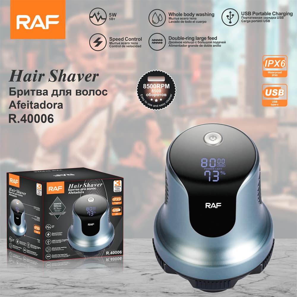 Waterproof Electric Head Shaver RAF R.40006 – Rechargeable Bald Head, Beard & Body Grooming Razor with LED Display