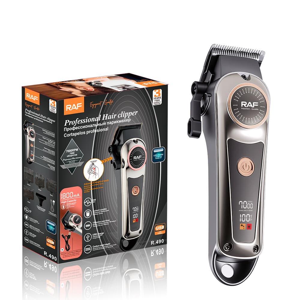 Electric Cordless Hair Clipper for Men RAF R.490– Gold Beard Trimmer with T Blade, Adjustable Length & LED Display