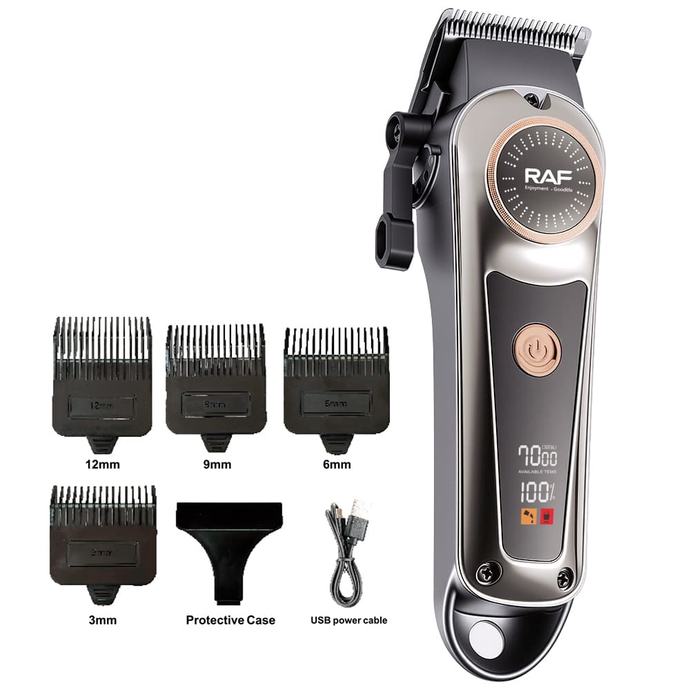 Electric Cordless Hair Clipper for Men RAF R.490– Gold Beard Trimmer with T Blade, Adjustable Length & LED Display
