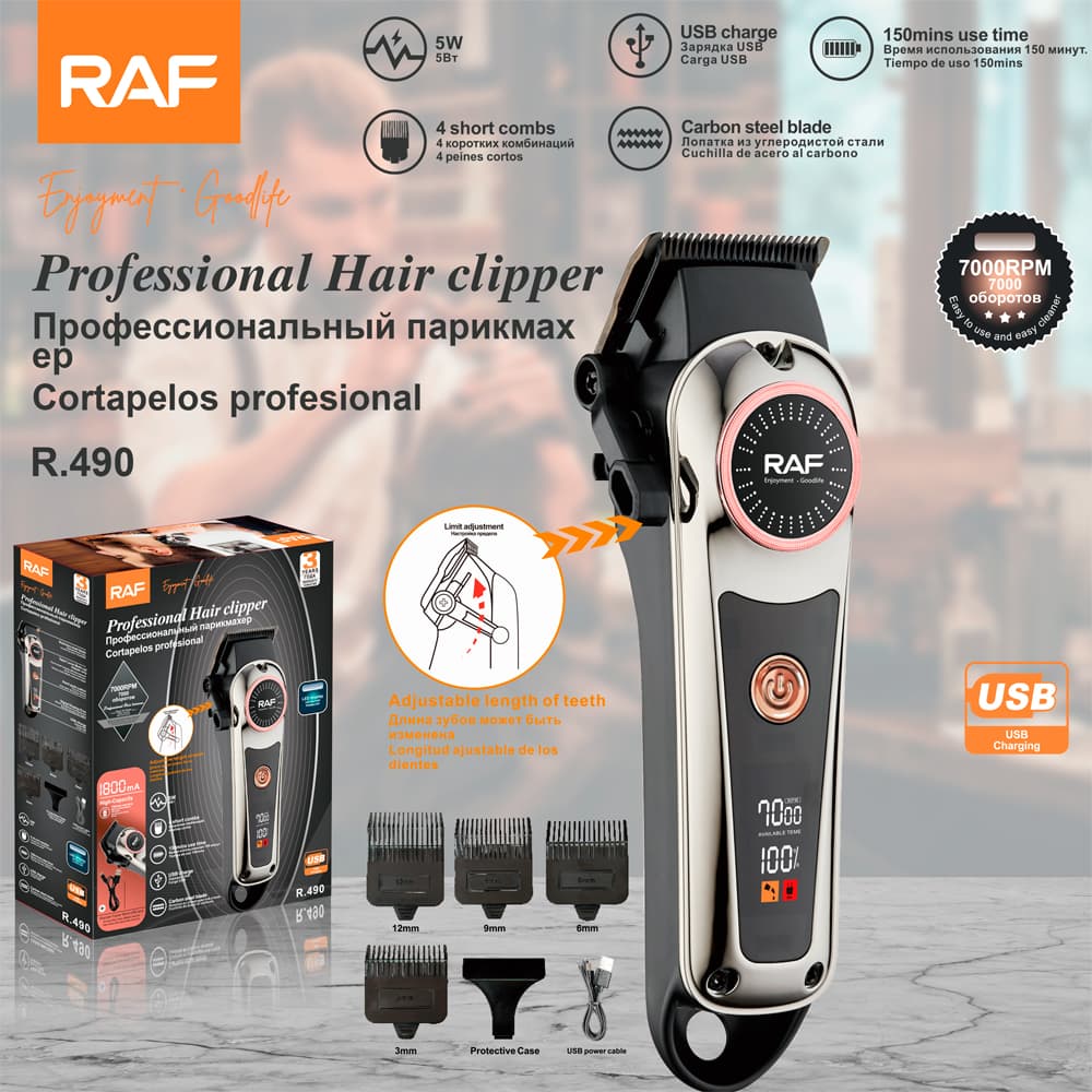 Electric Cordless Hair Clipper for Men RAF R.490– Gold Beard Trimmer with T Blade, Adjustable Length & LED Display
