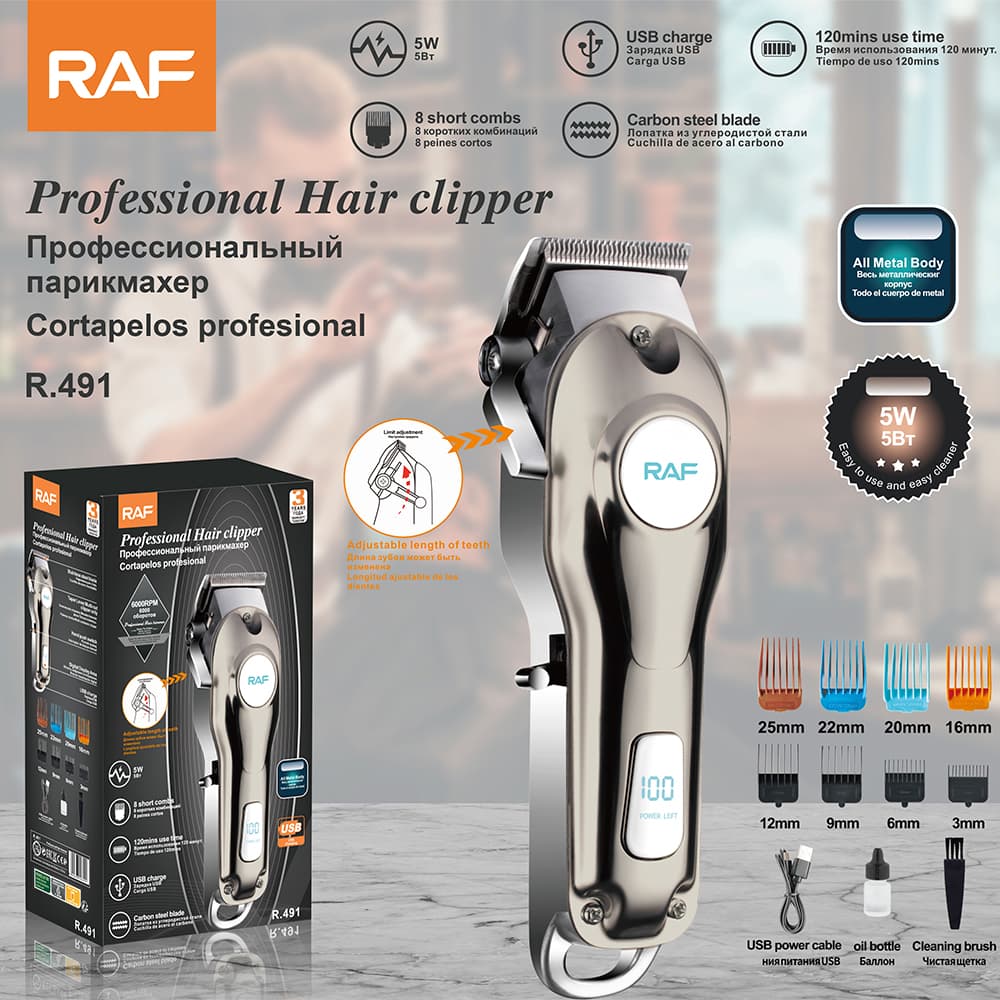 Professional Rechargeable Hair Clippers for Men RAF R.491 – Home Haircut, Beard, Body & Nose/Ear Trimmer