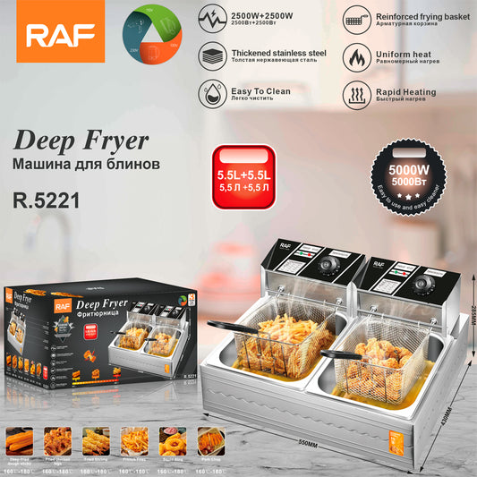 RAF 11L Double Tank Commercial Deep Fryer (R.5221) – 5000W Ultra-Power Stainless Steel Dual Frying Machine