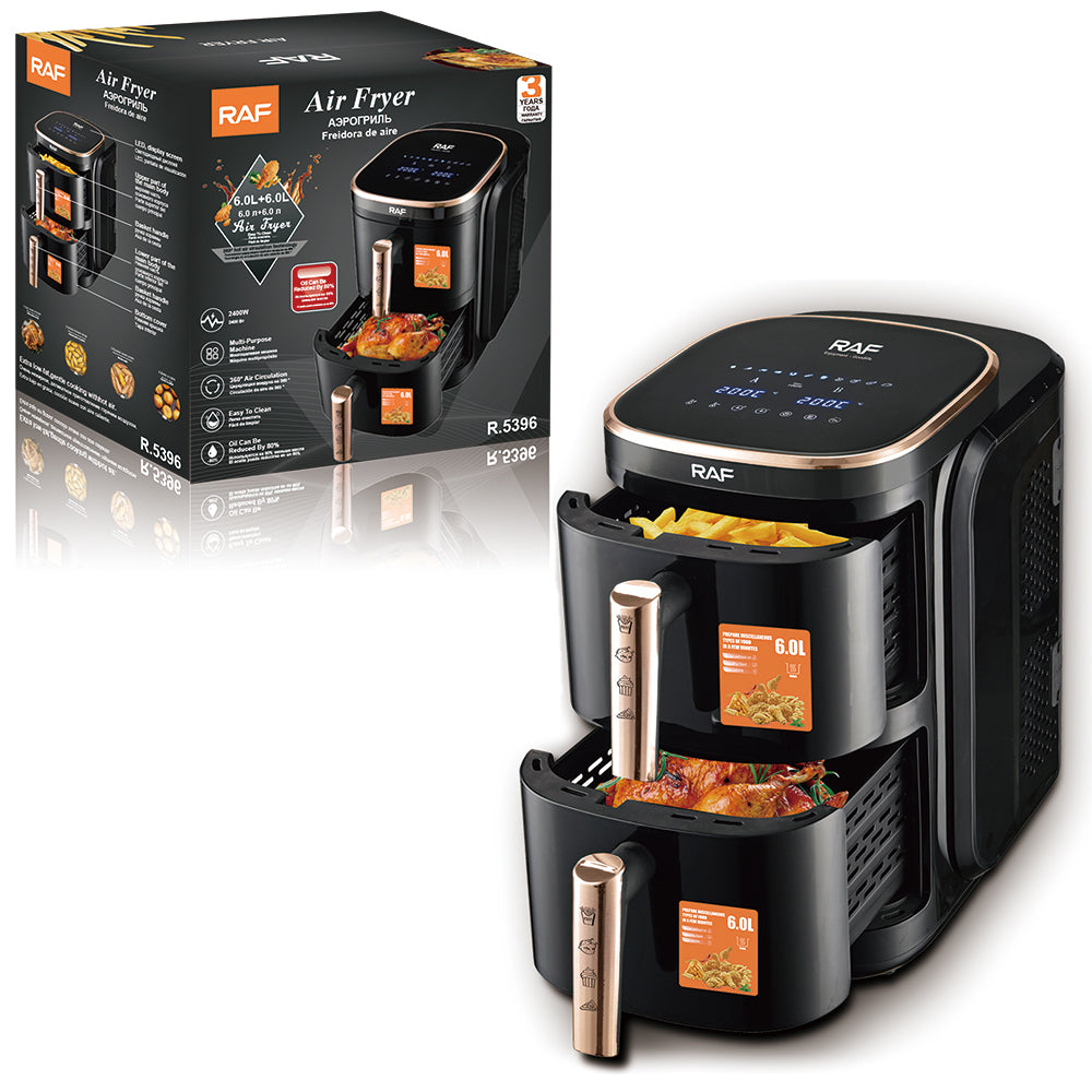 RAF 12L Dual Drawer Smart Air Fryer with Visible Windows (R.5396) – 2400W Stainless Steel Square Edition