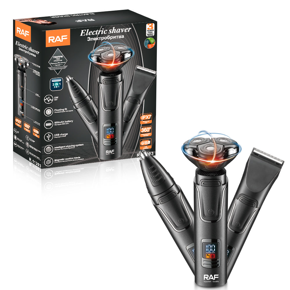 3-in-1 Waterproof Electric Shaver RAF R.11203  – USB Rechargeable, Cordless Grooming for Hair, Beard & Body