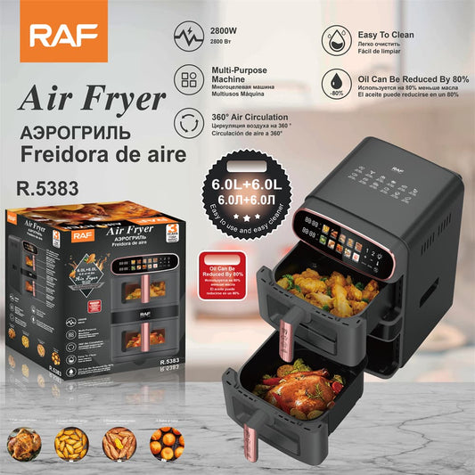 RAF 12L Double Stack Dual Drawer Air Fryer (R.5383) – 2800W High-Power Digital Touch Cooker – 6L+6L Baskets