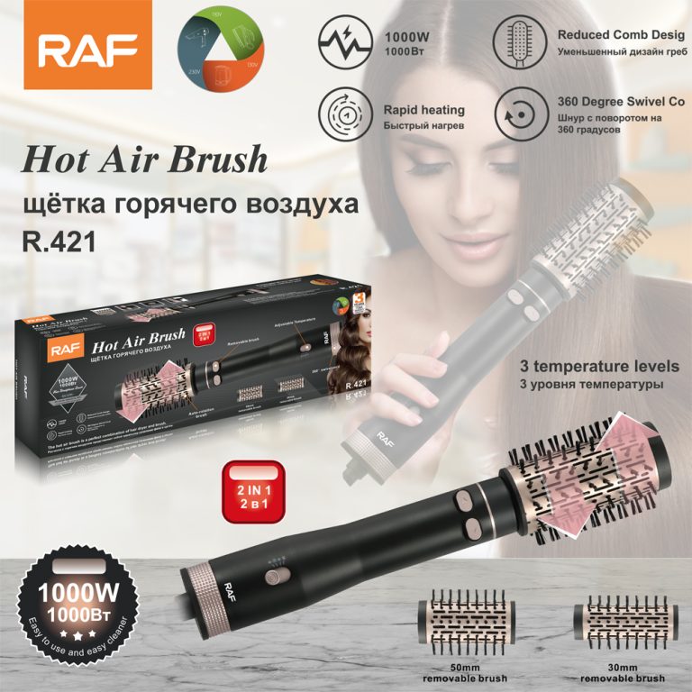 Rotating Hot Air Brush 1000W RAF R.421 – Ionic Hair Dryer Brush with Ceramic Keratin Coating, Auto Rotating Curling & Volumizing Styler
