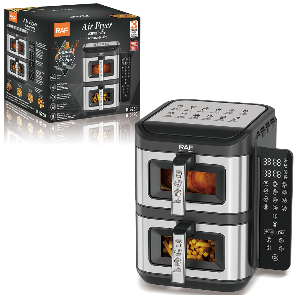 RAF 12L Dual Basket Commercial-Grade Air Fryer (R.5280) – 2800W High-Power Stainless Steel Dual Cooker