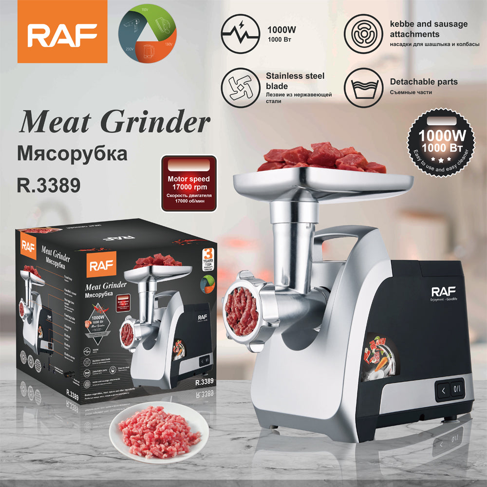 Electric Meat Grinder RAF R.3389 – Stainless Steel Blade Meat Mincer with Sausage & Kebbe Attachments
