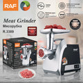Electric Meat Grinder RAF R.3389 – Stainless Steel Blade Meat Mincer with Sausage & Kebbe Attachments