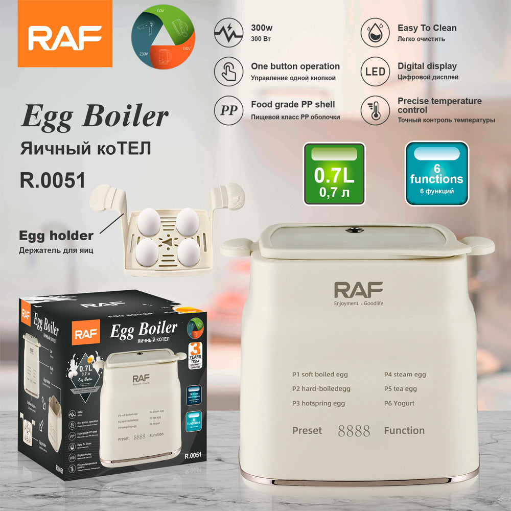 Digital Display Egg Boiler RAF R.0051  – 6 Function Electric Egg Cooker with Food-Grade PP, Auto Shut-Off & Precision Control