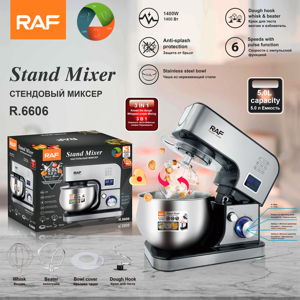 RAF R.6606 Smart Digital Stand Mixer – 1400W High-Power 5L Dough Mixer with LED Display, Timer & 3-in-1 Chef Functions