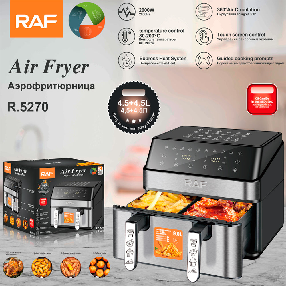 RAF 8.5L Dual Digital Air Fryer (R.5270) – 2000W Double Independent Baskets – 5-in-1 Fryer, Grill, & Oven