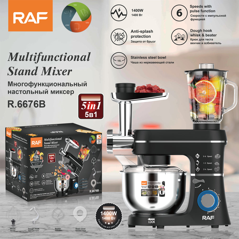 RAF R.6676 5-in-1 Professional Chef Machine – 1400W All-in-One Stand Mixer, Blender, Meat Grinder & Juicer (Large 6.8L_10L Bowl with Handle)