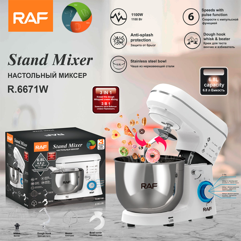 RAF R.6671 Standing Cake & Dough Mixer – 1100W Heavy Duty 6.8L Bakery Mixer with 8-Speed Control & Robust Gear Mechanism