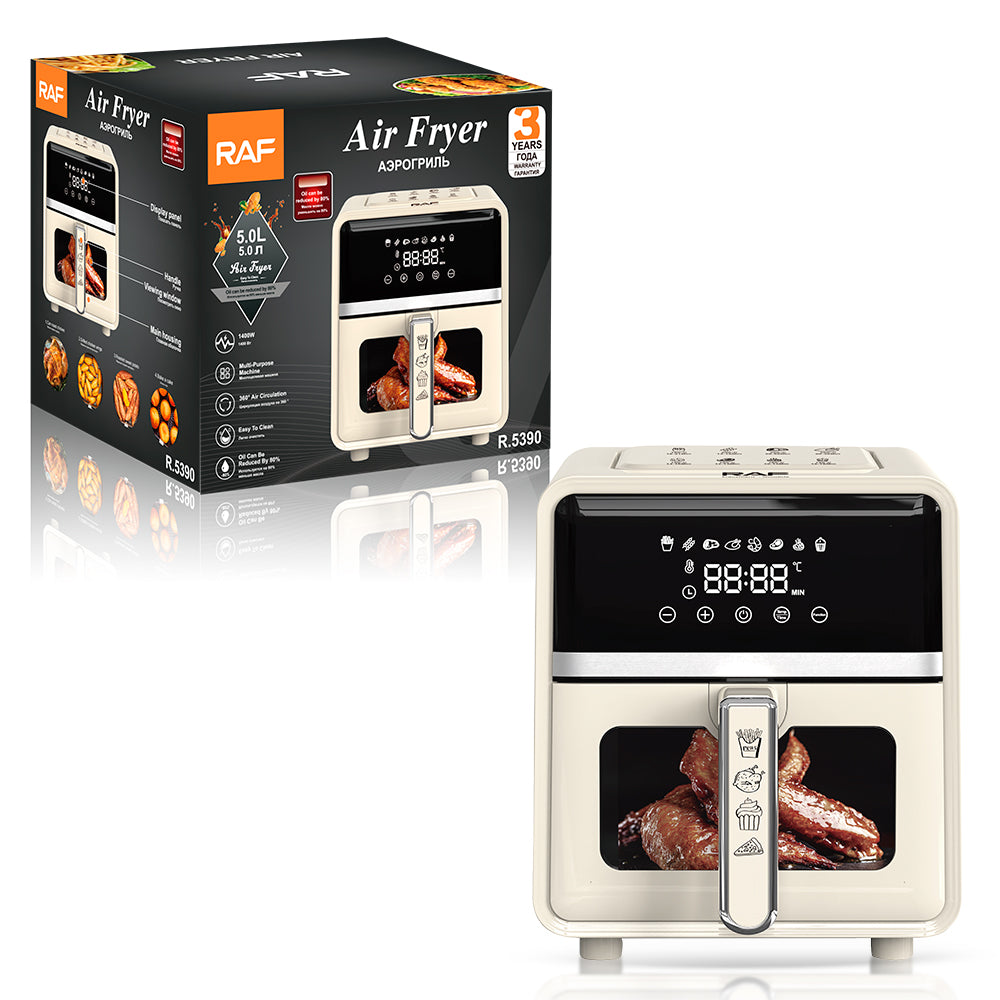 RAF 5.0L Designer White & Stainless Steel Air Fryer (R.5390) – 1500W Multi-Functional Household Cooker