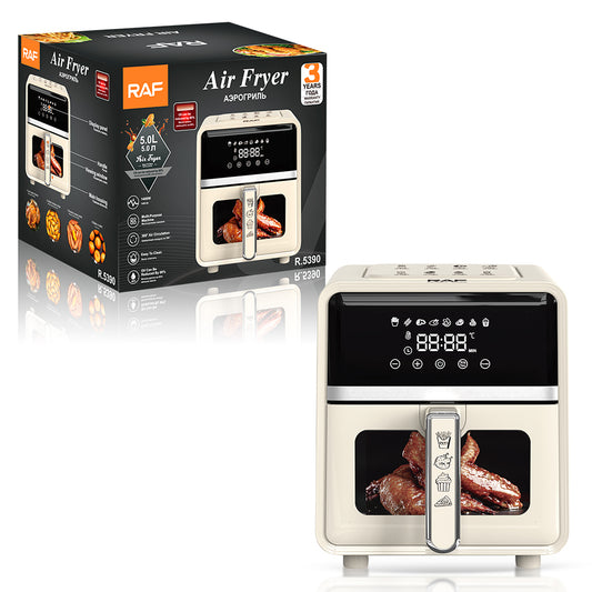 RAF 5.0L Designer White & Stainless Steel Air Fryer (R.5390) – 1500W Multi-Functional Household Cooker