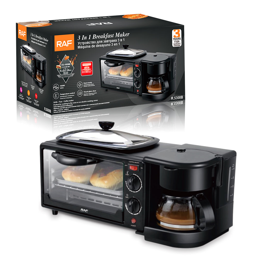 RAF 3-in-1 Multifunctional Breakfast Station (R.5308) – 1050W Coffee Maker, Mini Oven & Non-Stick Frying Pan