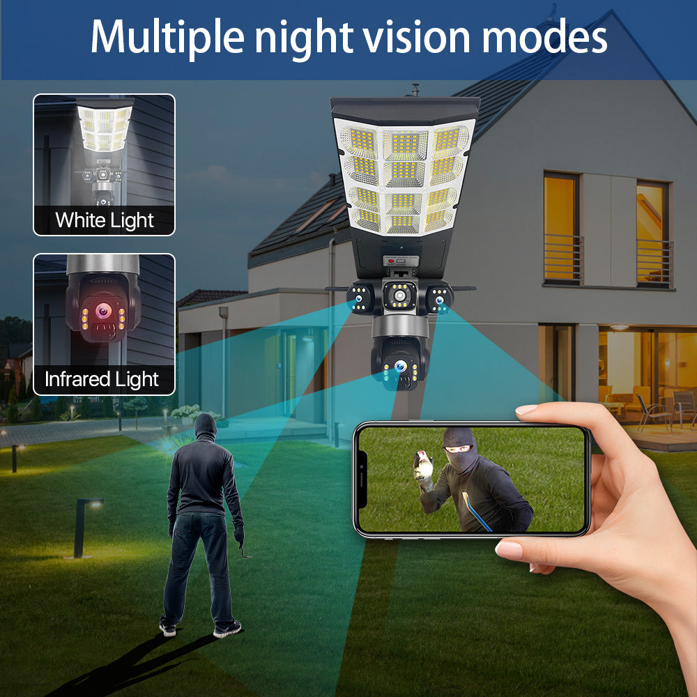 V380 4G Solar Powered Street Light with 360° CCTV Camera – Wireless Outdoor Security Floodlight (Dual Lens, Night Vision, No Wi-Fi Needed)