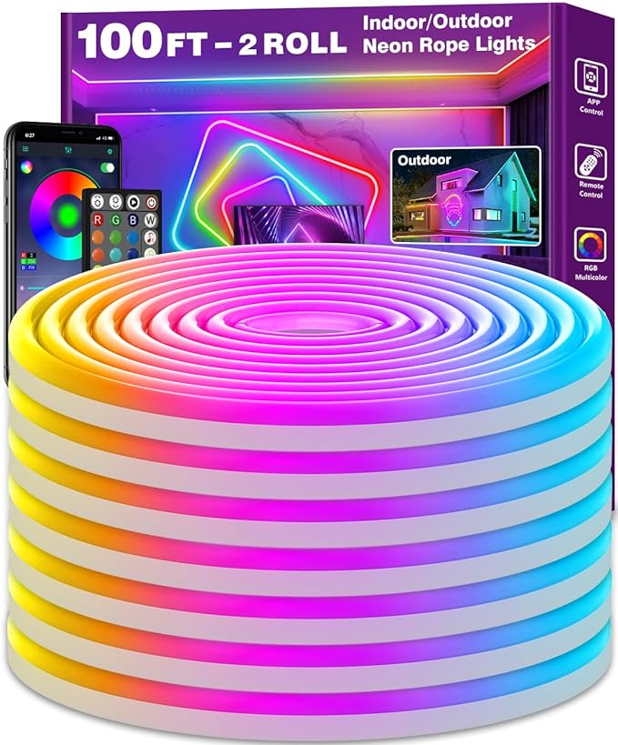 RGBIC LED Neon Rope Light – IP68 Waterproof Flexible Strip (5M/10M) | Smart Wi-Fi & Bluetooth App Control | 12V/24V Professional Grade Neon Sign Tube