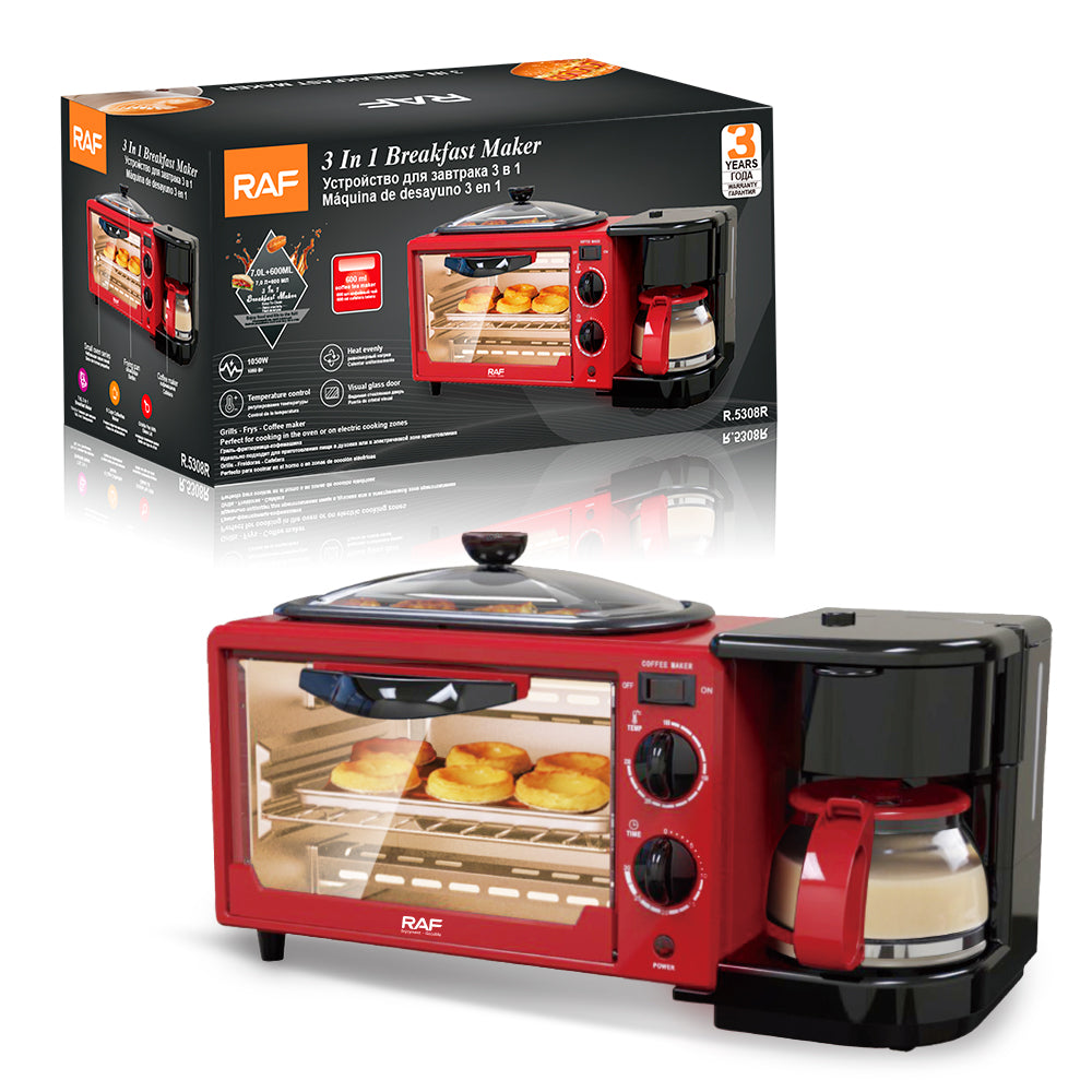 RAF 3-in-1 Multifunctional Breakfast Station (R.5308) – 1050W Coffee Maker, Mini Oven & Non-Stick Frying Pan
