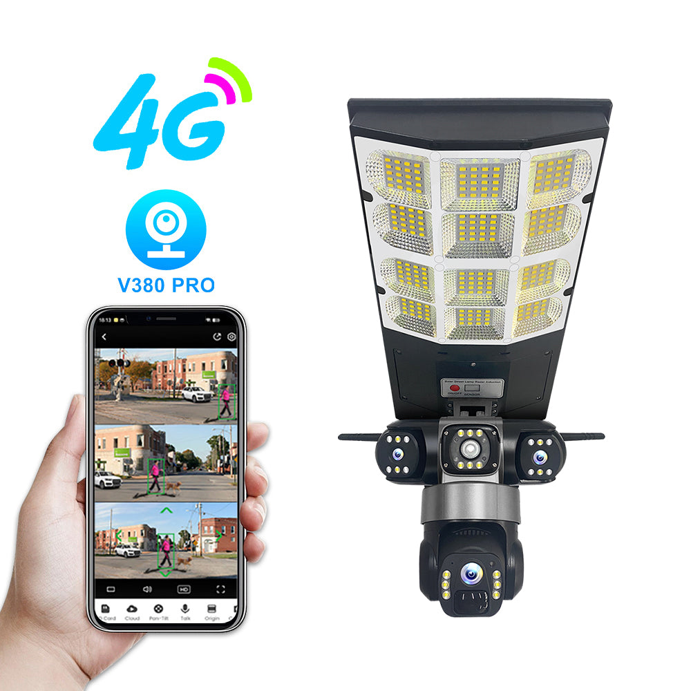 V380 4G Solar Powered Street Light with 360° CCTV Camera – Wireless Outdoor Security Floodlight (Dual Lens, Night Vision, No Wi-Fi Needed)