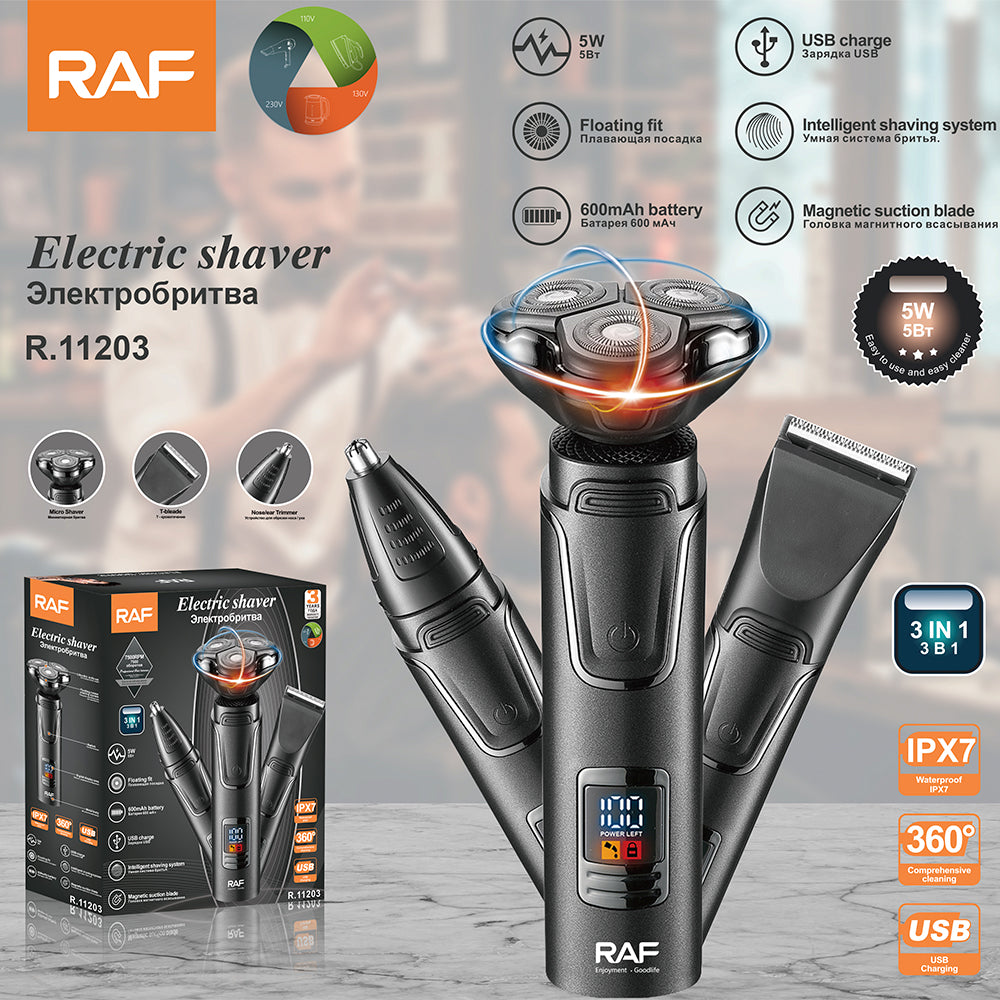 3-in-1 Waterproof Electric Shaver RAF R.11203  – USB Rechargeable, Cordless Grooming for Hair, Beard & Body