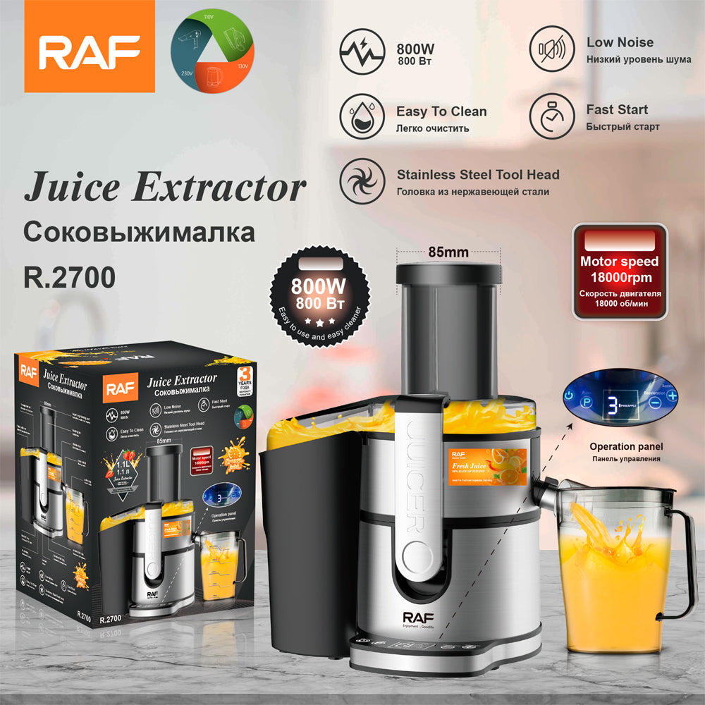 RAF R.2700 Stainless Steel Juicer Machine – 800W, Large Feeding Port, Multi-Blade Cutter Head, Fruit & Vegetable Extractor