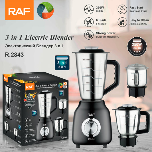 RAF R.2843 3-in-1 Smoothie, Shakes & Grinder Blender – 350W, 1.5L Capacity, 6-Blade Stainless Steel Knife Head