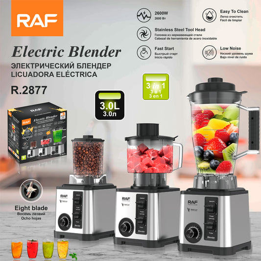 RAF R.2877 3-in-1 Electric Blender – 2600W, 3L Capacity, 6-Blade Stainless Steel Knife Head with Ice Crushing