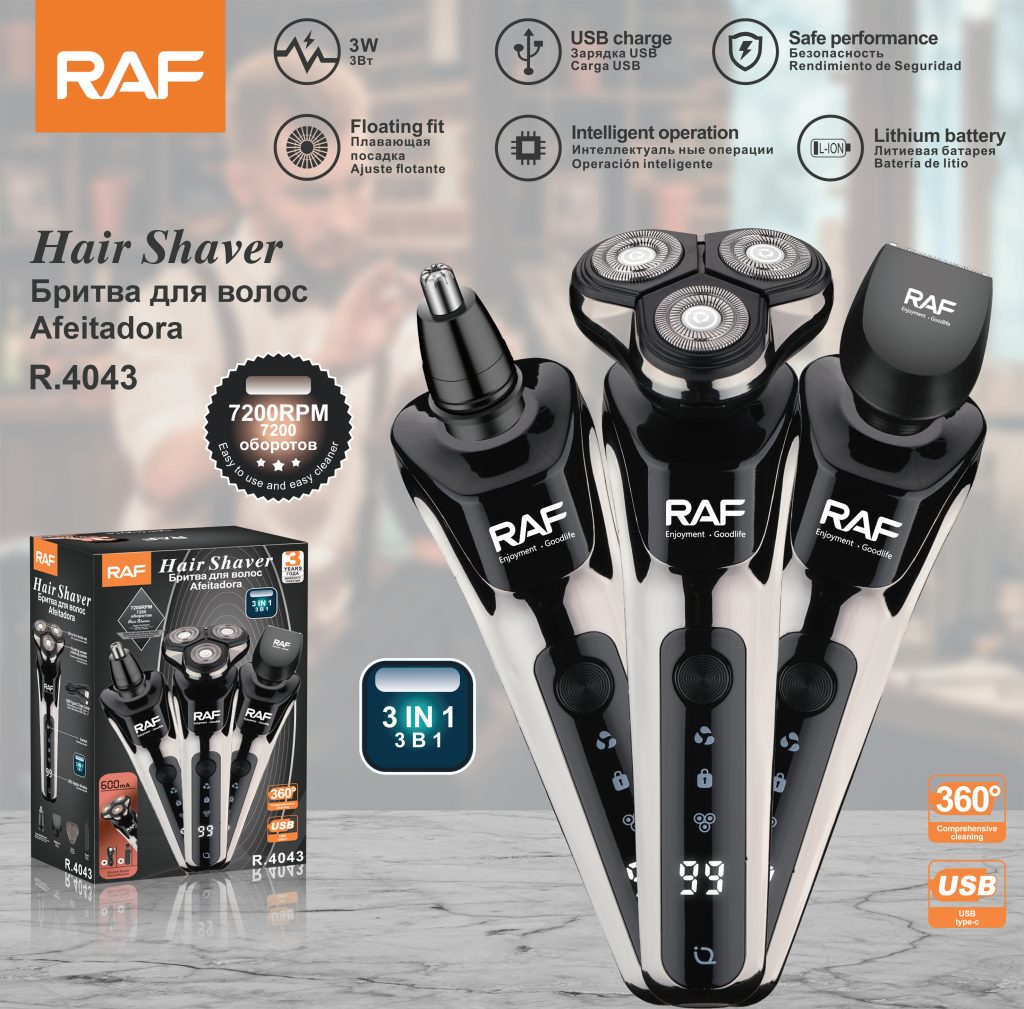 3-in-1 Rechargeable Hair & Beard Trimmer RAF R.4043  – Nose, Beard & Body Shaver with LCD Display