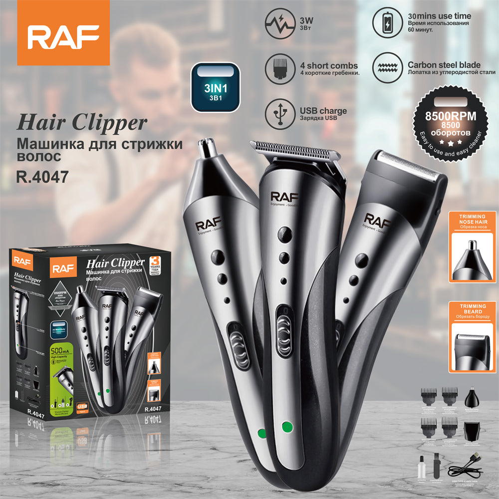 3-in-1 Men’s Grooming Trimmer RAF R.4047 – Hair, Beard &amp; Nose Trimmer with USB Rechargeable Battery