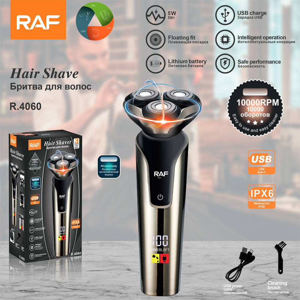 Electric Shaver RAF 10000RPM  R.4060 – Floating Blades, USB Type-C Rechargeable, Waterproof Hair & Beard Trimmer