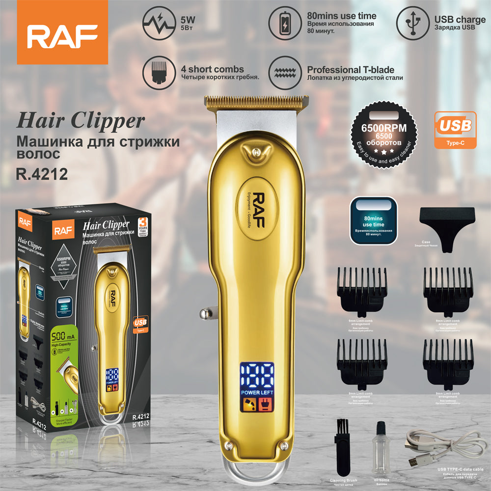 RAF R.4212 All-Metal Hair Clipper – Multifunctional Rechargeable T-Blade Trimmer for Men with LED Display