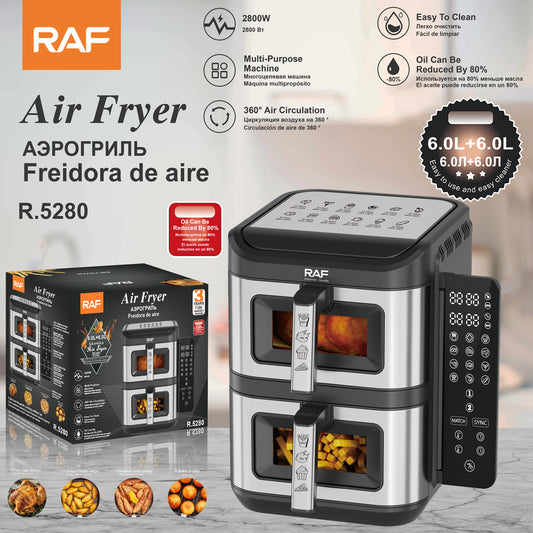 RAF 12L Dual Basket Commercial-Grade Air Fryer (R.5280) – 2800W High-Power Stainless Steel Dual Cooker