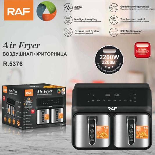 RAF 9L Double Basket Digital Air Fryer (4.5L + 4.5L) – 2200W High-Power Smart Cooker – Model R.5377