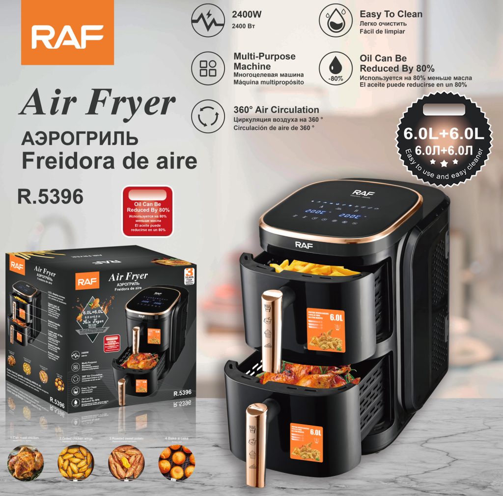 RAF 12L Dual Drawer Smart Air Fryer with Visible Windows (R.5396) – 2400W Stainless Steel Square Edition