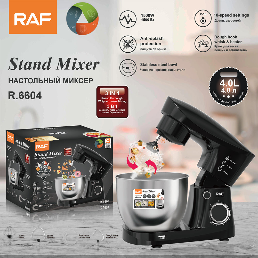 RAF R.6604 Stand Mixer 4L – 1500W Heavy Duty 3-in-1 Baking & Dough Mixer (10-Speed, Stainless Steel)